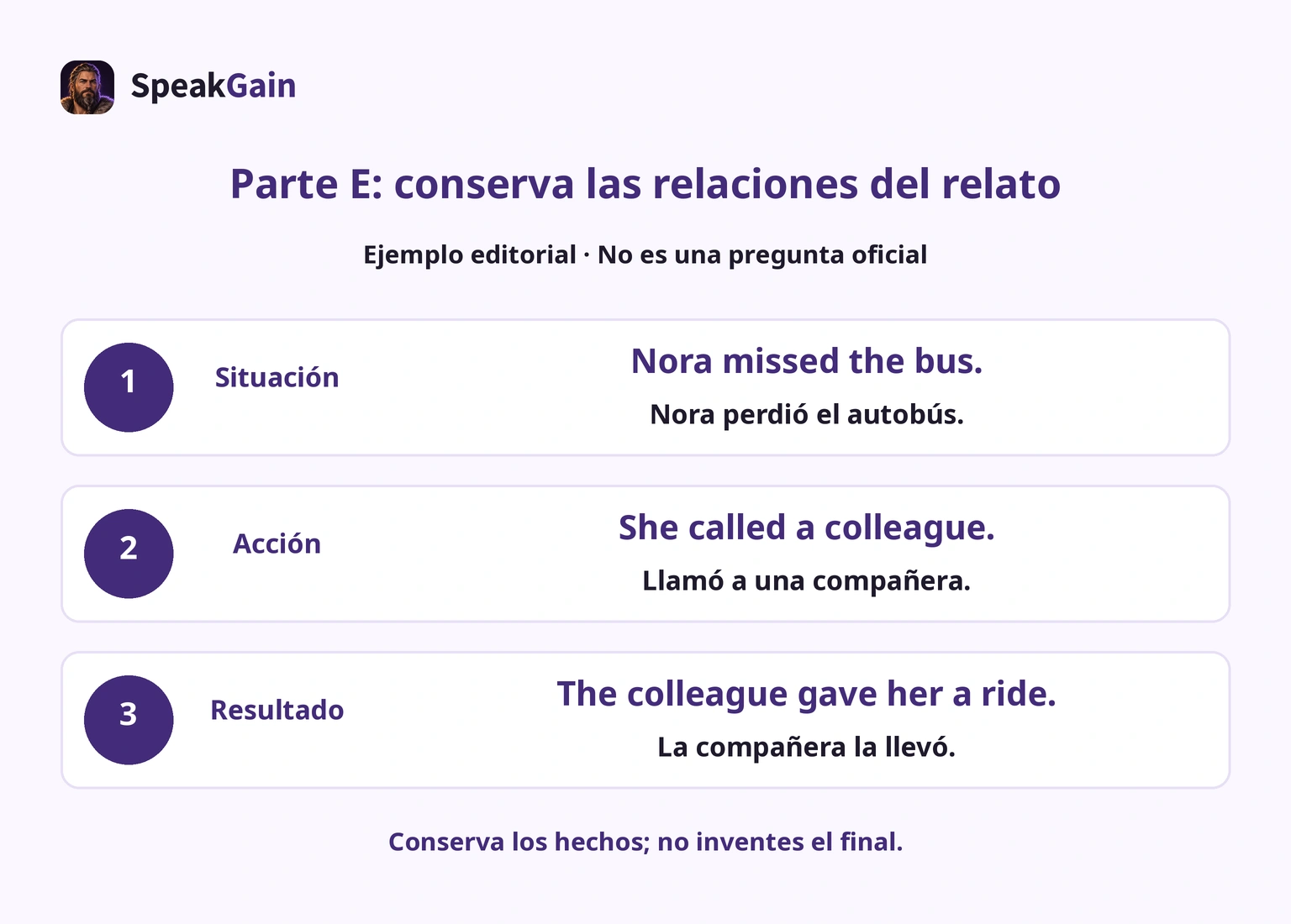 Ejemplo editorial de la parte E: enlaza situación, acción y resultado sin inventar el final.