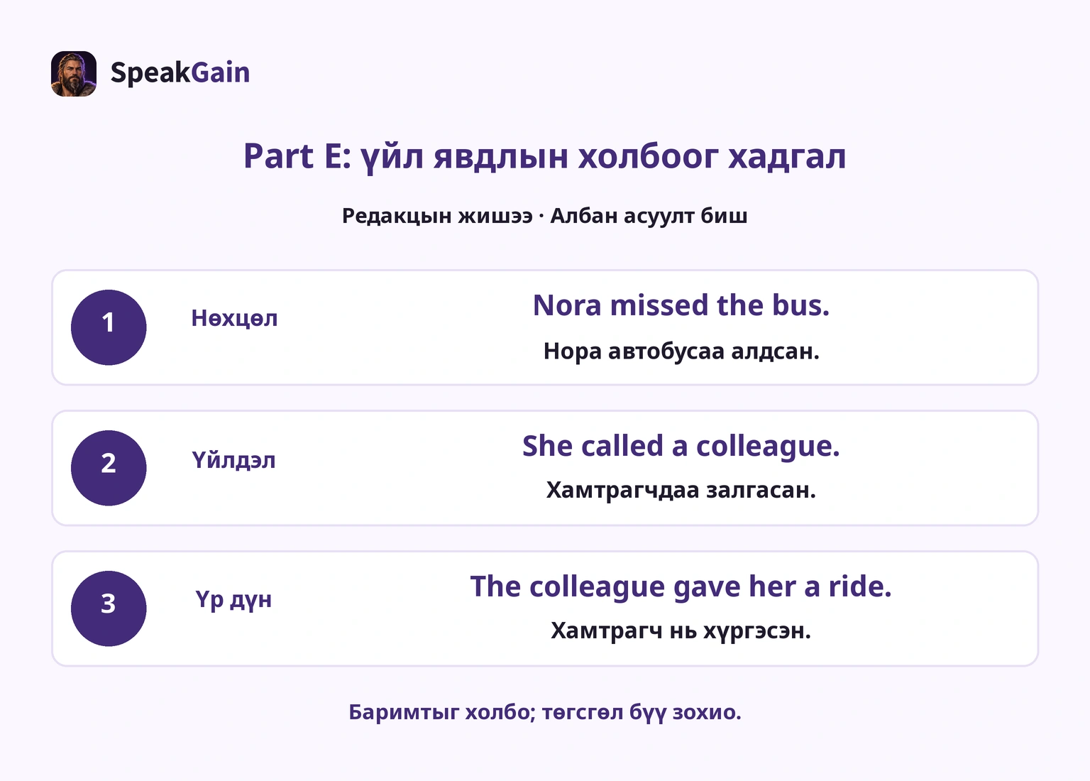 Part E жишээ: нөхцөл, үйлдэл, үр дүнг холбож, сонсоогүй төгсгөл нэмэхгүй.
