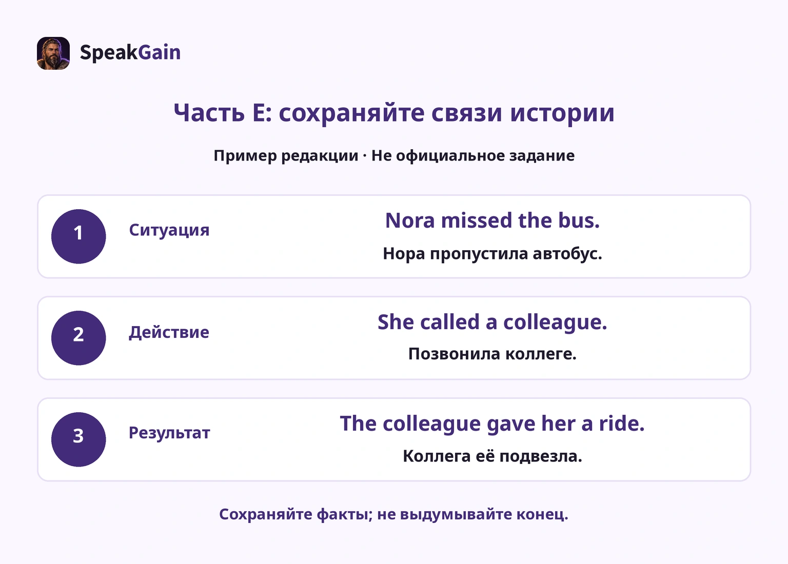 Пример части E: соедините ситуацию, действие и результат, не выдумывая конец.