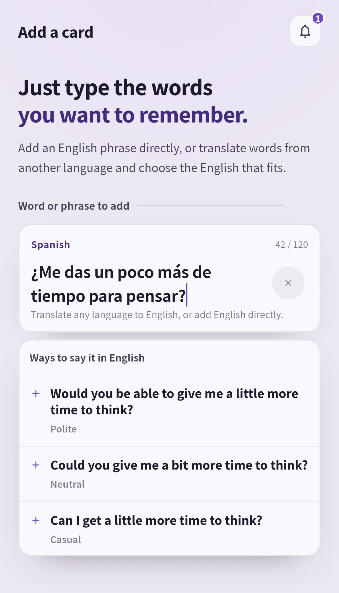 SpeakGain translation screen with a sentence in another language and three English candidates by tone
