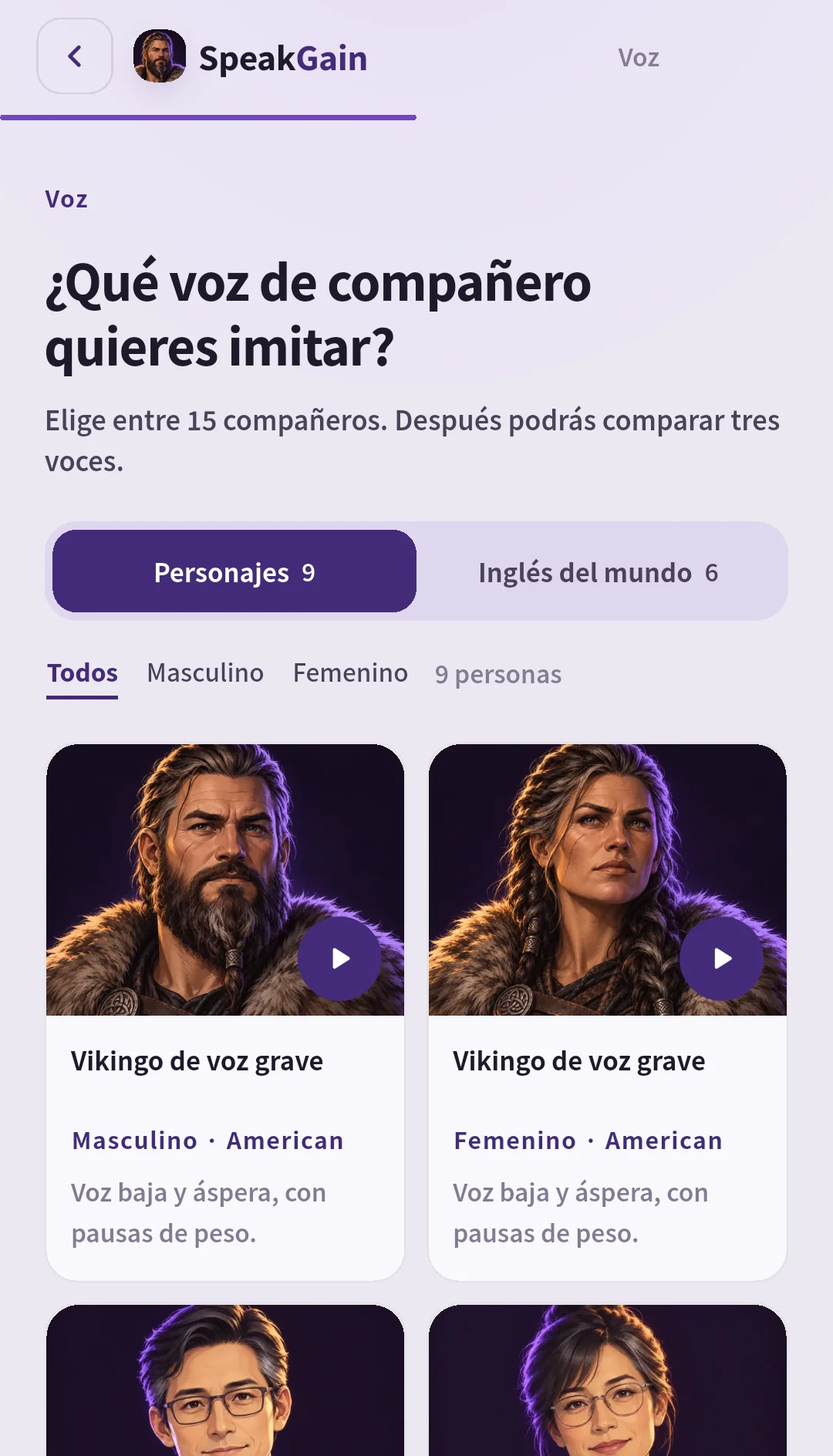 Selector de SpeakGain con las pestañas nueve personajes y seis voces del mundo, filtros de género y pareja de vikingos