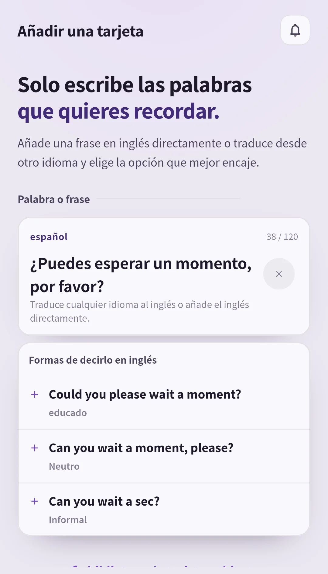 Pantalla de traducción de SpeakGain con texto en otro idioma y tres alternativas inglesas por tono