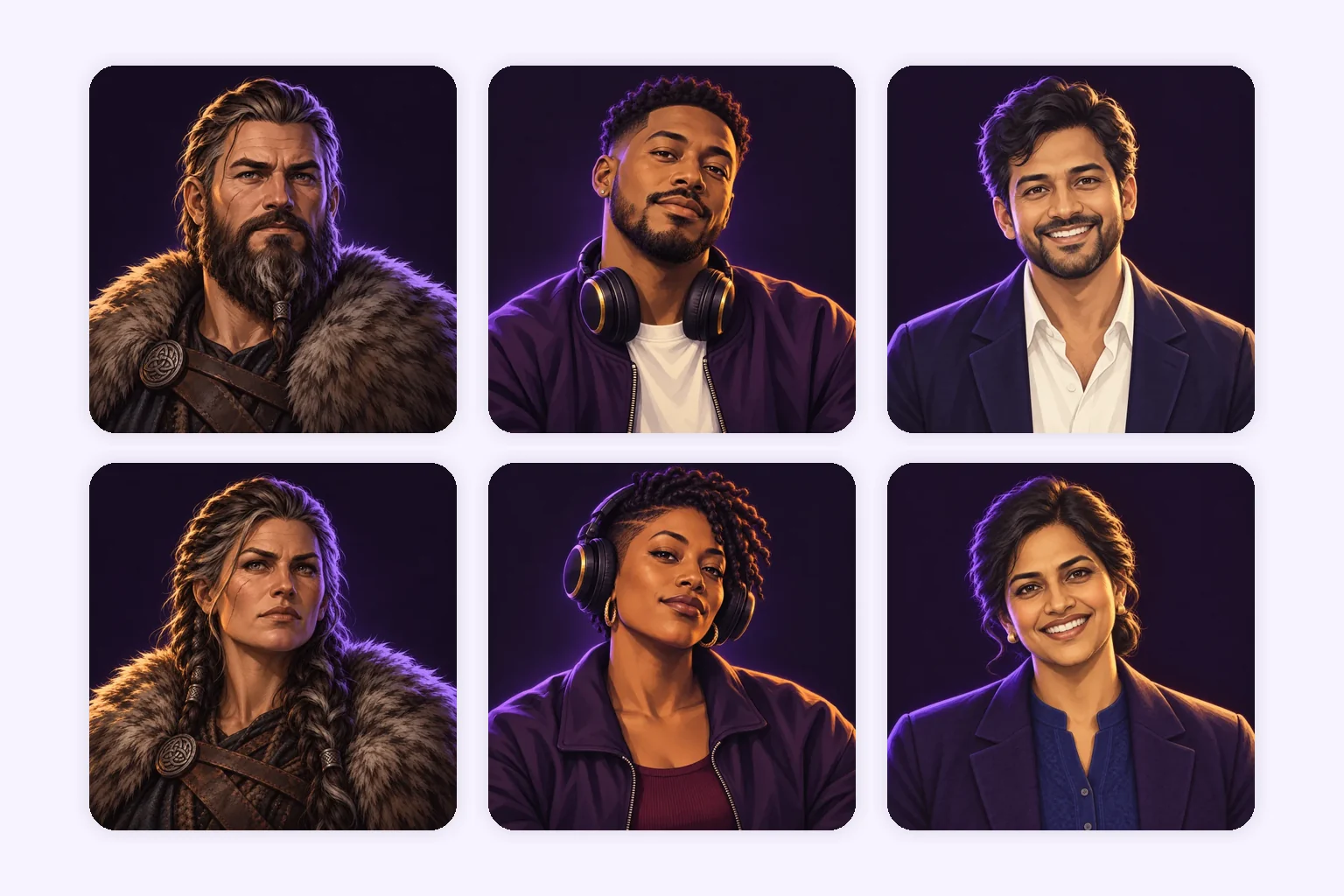 SpeakGainのバイキング、ラッパー、インド英語の男女6人のキャラクター肖像を並べた画像