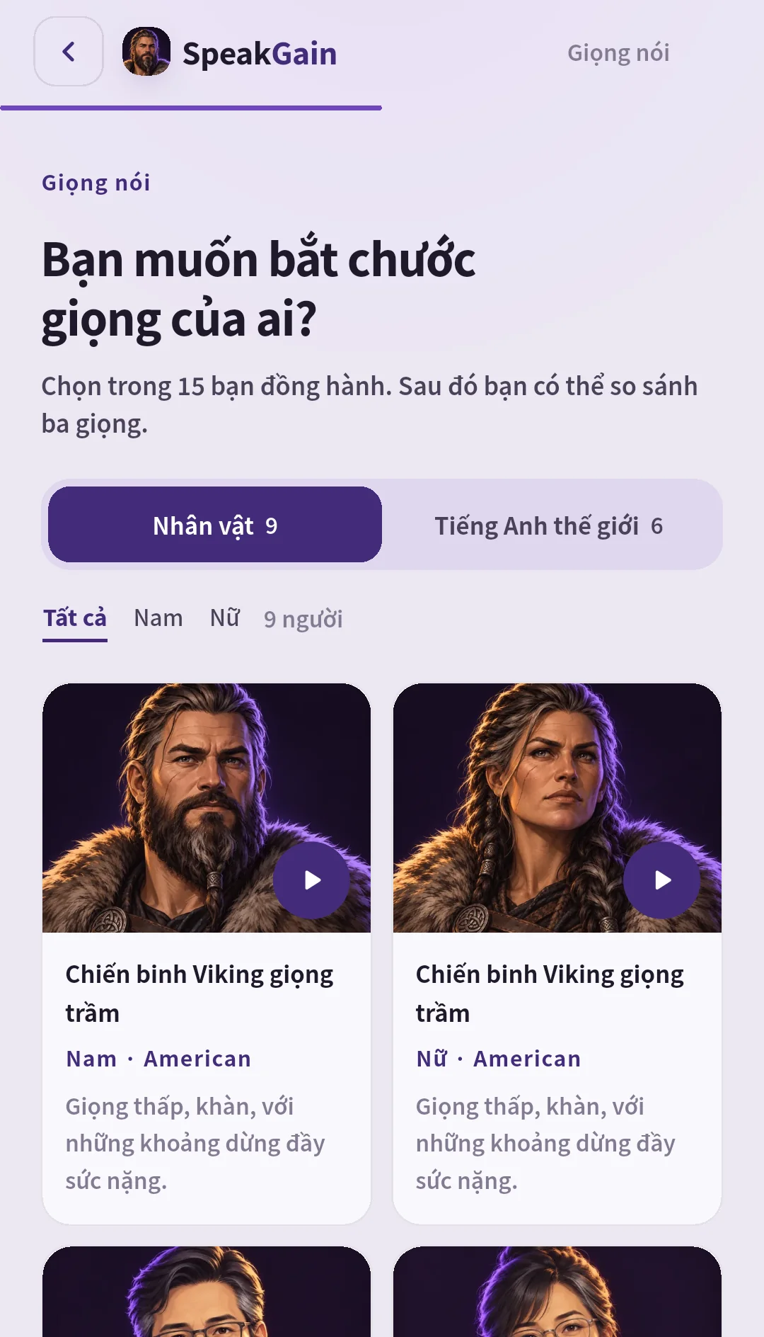 Màn hình chọn giọng SpeakGain với nhóm 9 nhân vật, 6 giọng thế giới, bộ lọc nam nữ và hai thẻ Viking