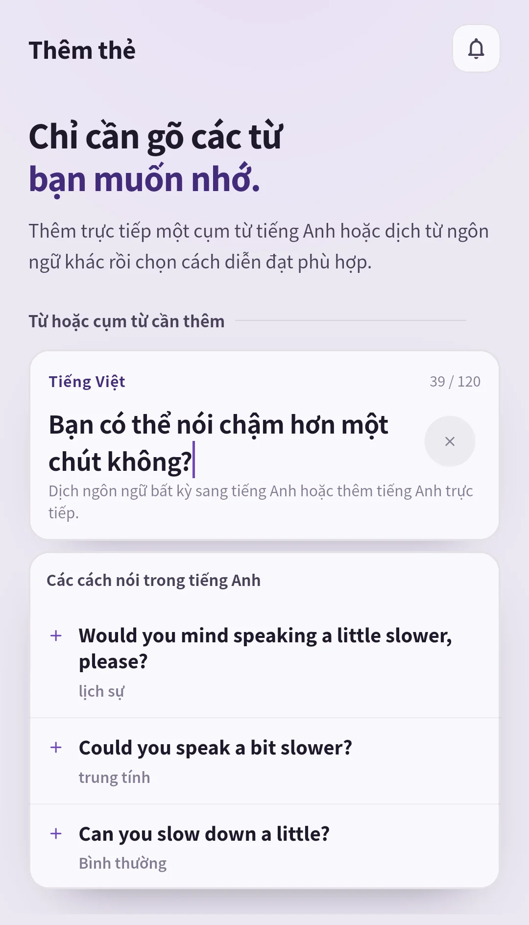 Màn hình dịch của SpeakGain với một câu ở ngôn ngữ khác và ba gợi ý tiếng Anh theo sắc thái